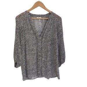 Joie Laurel Animal Print Blouse Small Gray Black Silk Sheer 3/4 Sleeves Boho